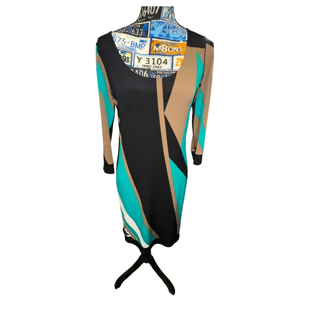 Eva Varro Colorblock Geometric Knee-Length Dress with Scoop Neck - Size M